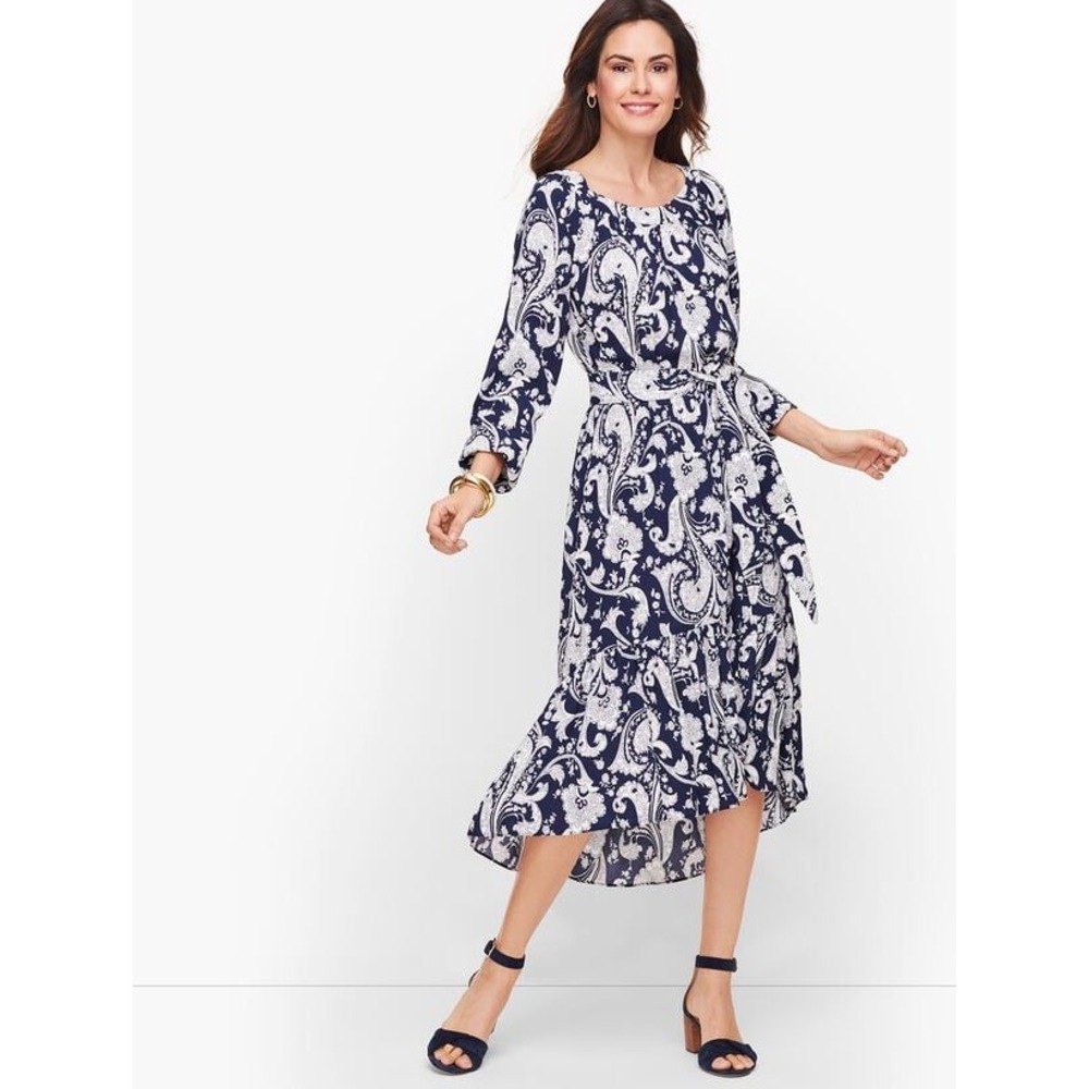 Talbots Plus Navy White Paisley Midi Dress with Belt Sz 1X High Low Hem - Picture 1 of 11